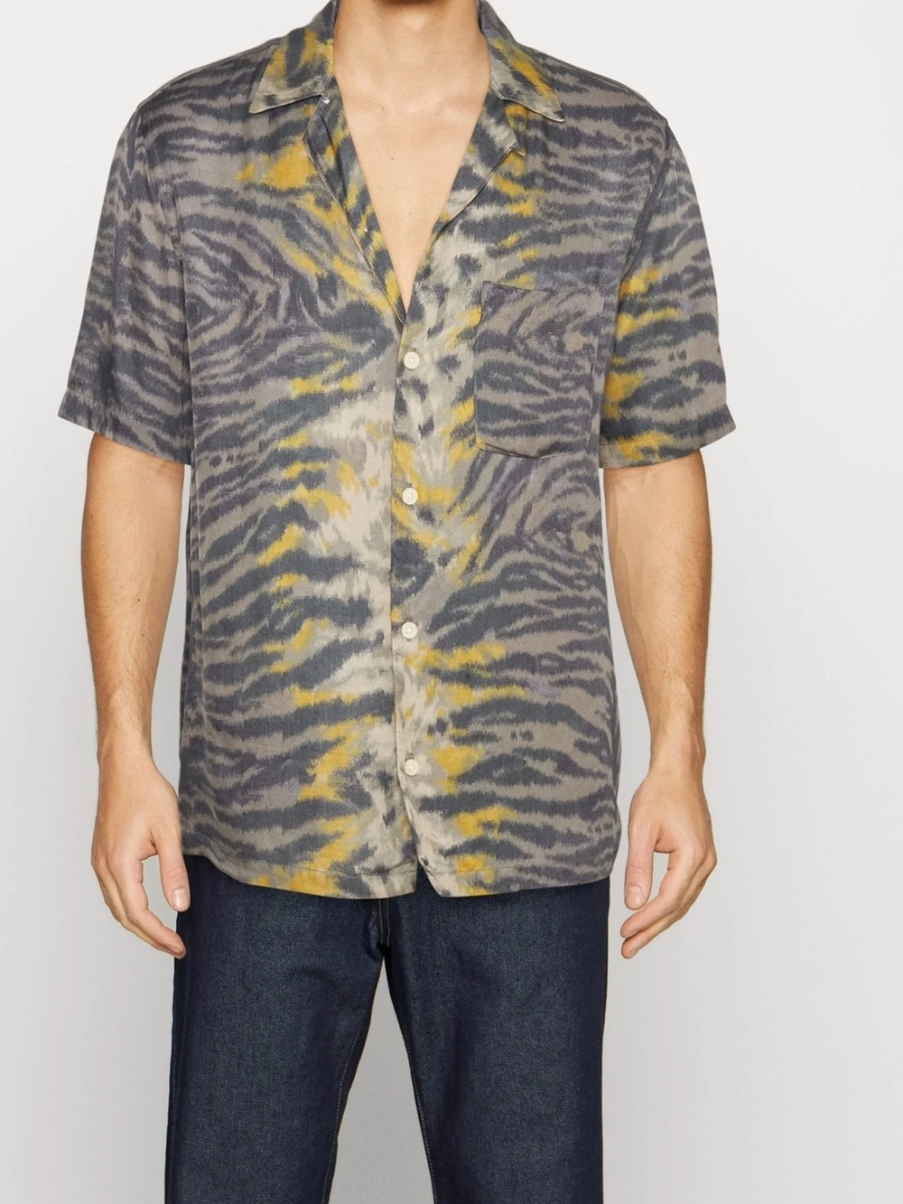 AllSaints Gray and Yellow Short-Sleeve Button-Down Shirt